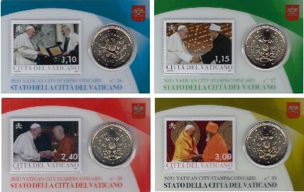 Vaticaanstad 2021 Coincards No 36 t/m 39, BU met postzegel