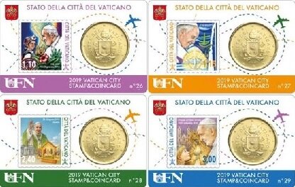 Vaticaanstad 2019 Coincards No 26 t/m 29, BU met postzegel