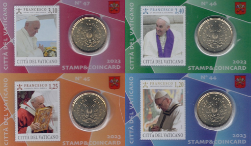 Vaticaanstad 2023 Coincards No 44 t/m 47, BU met postzegel