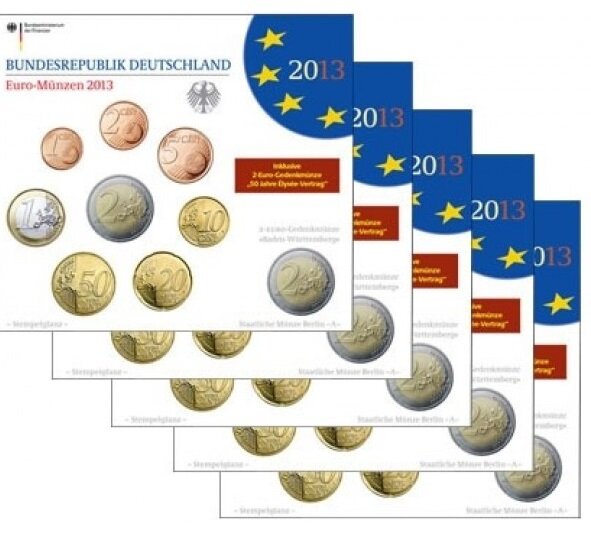 Duitsland BU-set 2013  ADFGJ met bijzondere 2 euromunt Maulbronn én de bijzondere 2 euromunt Elysee Verdrag toegevoegd
