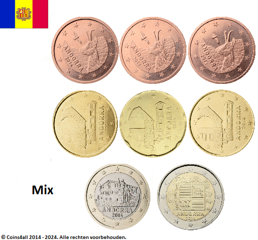 Andorra UNC set, 8 munten diverse jaartallen met normale 2 euromunt