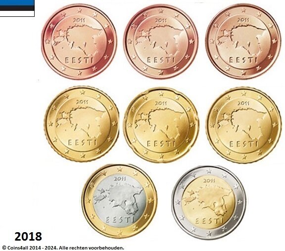 Estland UNC-set 2018, 8 munten met normale 2 euromunt