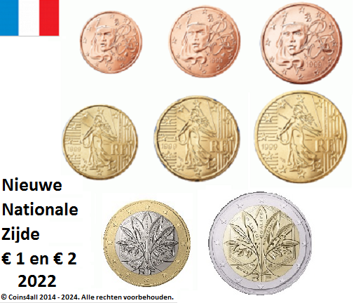 Frankrijk UNC-set 2022, 8 munten met normale 2 euromunt, nieuw motief 1 én 2 euromunt