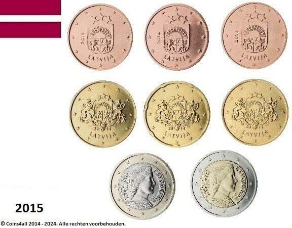 Letland UNC-set 2015, 8 munten met normale 2 euromunt