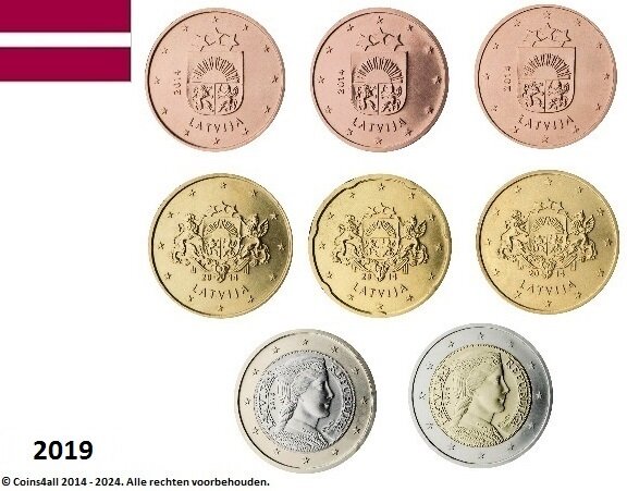 Letland UNC-set 2019, 8 munten met normale 2 euromunt