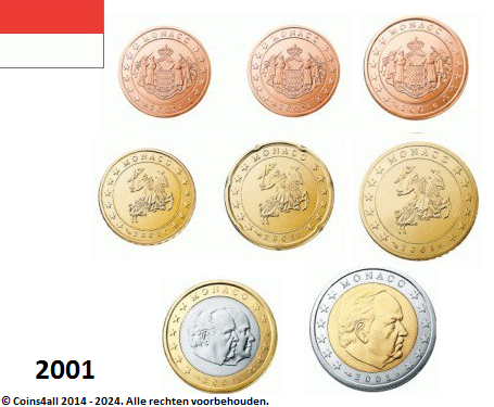 Monaco UNC-Set 2001, 8 munten met normale 2 euromunt