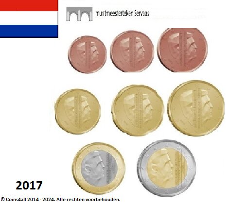 Nederland UNC-set 2017, 8 munten met normale 2 euromunt, nieuw mmt