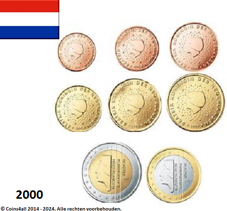 Nederland UNC-set 2000, 8 munten met normale 2 euromunt.