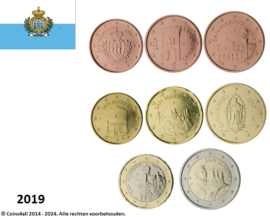 San Marino UN- set 2019, 8 munten met normale 2 euromunt