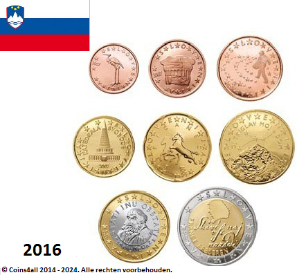 Slovenië UNC-set 2016, 8 munten met normale 2 euromunt