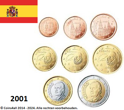 Spanje UNC set 2001, 8 munten met normale 2 euromunt