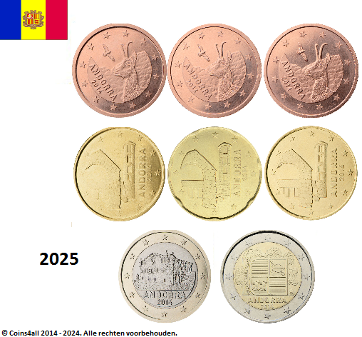 Andorra UNC set 2025, 8 munten met normale 2 euromunt