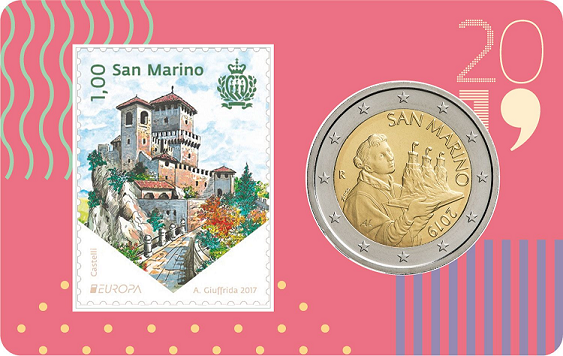 San Marino coincard 2019 met postzegel en normale 2 euromunt nr. 4
