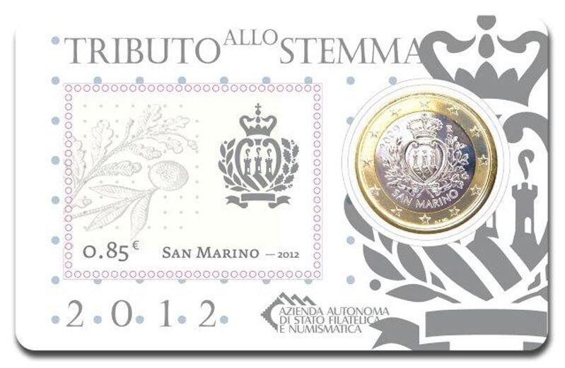 San Marino coincard 2012 met postzegel en normale 1 euromunt nr.2