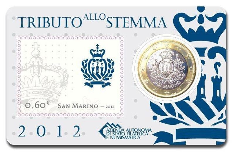 San Marino coincard 2012 met postzegel en normale 1 euromunt nr.1
