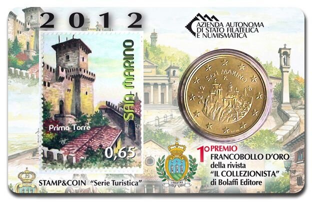 San Marino coincard 2012 'Eerste Toren' met postzegel en 50 eurocent (1)