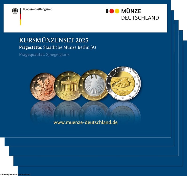 Duitsland BU-set 2025 ADFGJ met normale 2 euromunt en de bijzondere 2 euromunt Saarlandlus toegevoegd