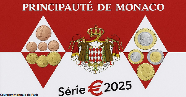 Monaco BU-set 2025, 8 circulatiemunten met nieuwe 2 euro Albert II