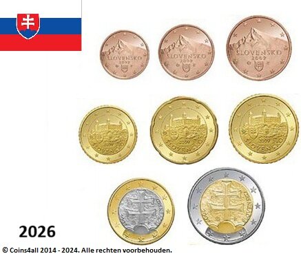 Slowakije UNC set 2026, 8 munten met normale 2 euromunt