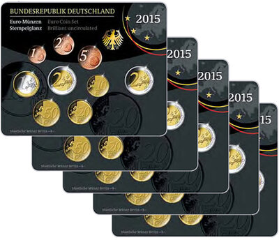 Duitsland BU-set 2015 ADFGJ met bijzondere 2 euromunt Frankfurt én bijzondere 2 euromunt Eenwording toegevoegd