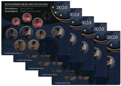 Duitsland BU-set 2020 ADFGJ met normale 2 euromunt en toegevoegd de bijzondere 2 euromunt Sanssouci