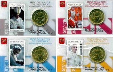 Vaticaanstad 2015 Coincards no 6 t/m 9, BU met postzegel