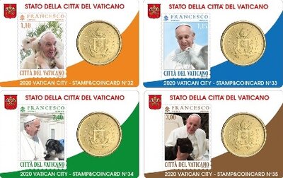 Vaticaanstad 2020 Coincards no 32 t/m 35, BU met postzegel
