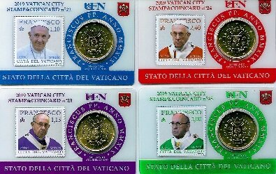 Vaticaanstad 2019 Coincards No 22 t/m 25, BU met postzegel