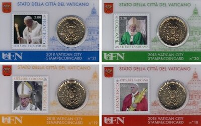 Vaticaanstad 2018 Coincard No 18 t/m 21, BU met postzegel