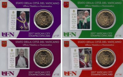 Vaticaanstad 2017 Coincards No 14 t/m 17, BU met postzegel