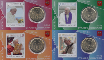 Vaticaanstad 2023 Coincards No 44 t/m 47, BU met postzegel