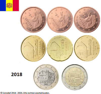 Andorra UNC set 2018, 8 munten met normale 2 euromunt