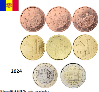 VERWACHT: Andorra UNC set 2024, 8 munten met normale 2 euromunt