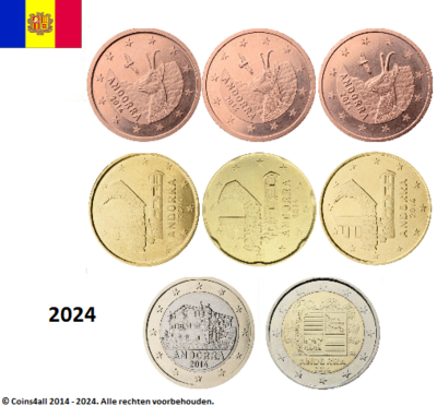 Andorra UNC set 2024, 8 munten met normale 2 euromunt