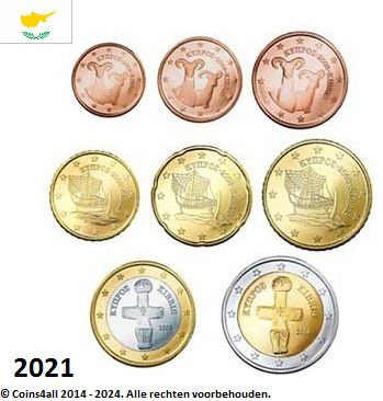 Cyprus UNC set 2021, 8 munten met normale 2 euromunt