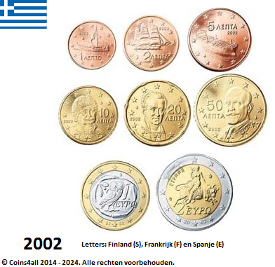Griekenland UNC-Set 2002, 8 munten  met normale 2 euromunt en letters