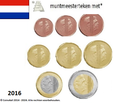 Nederland UNC-set 2016, 8 munten met normale 2 euromunt