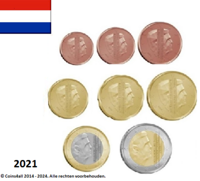 Nederland UNC-set 2021, 8 munten met normale 2 euromunt