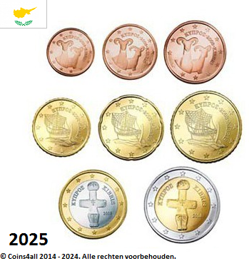 Cyprus UNC set 2025, 8 munten met normale 2 euromunt