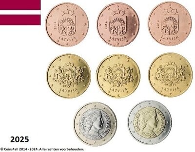 Letland UNC-set 2025, 8 munten met normale 2 euromunt
