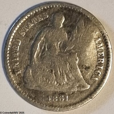 ½ Dime 1861, Seated Libety zonder mmt