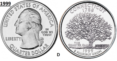 25 Cent 1999, Connecticut 'The Constitution State', UNC mmt D