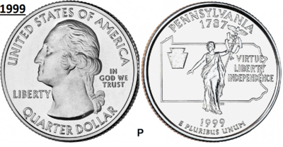 25 Cent 1999, Pennsylvania 'The Keystone State', UNC mmt P