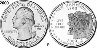 25 Cent 2000, New Hampshire 'The Granite State', UNC mmt P