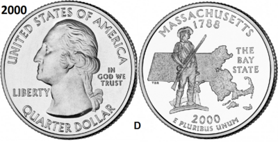 25 Cent 2000, Massachusetts 'The Bay State', UNC mmt D