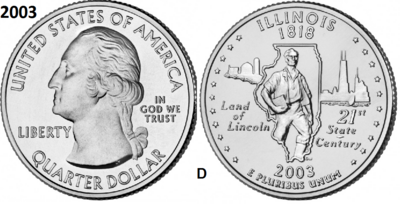 25 Cent 2003, Illinois 'The Land of Lincoln', UNC mmt D