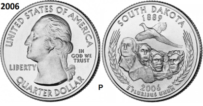 25 Cent 2006,  South Dakota 'The Mount Rushmore State', UNC mmt P