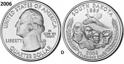 25 Cent 2006,  South Dakota 'The Mount Rushmore State', UNC mmt D