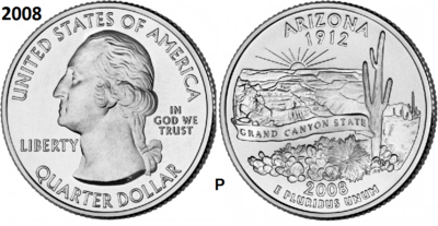 25 Cent 2008, Arizona 'The Grand Canyon State', UNC mmt P