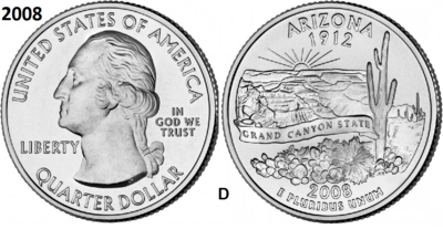 25 Cent 2008, Arizona 'The Grand Canyon State', UNC mmt D